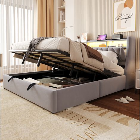 Cama tapizada 180x200 cm con arcón hidráulico, cabecero con enchufe y LED, gris claro (1/5)