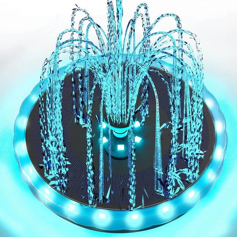 Fontaine solaire (avec 30 LED) avec éclairage LED, panneau mat, batterie intégrée, pompe solaire pour bassin, jardin, piscine, abreuvoir à oiseaux. Idéale pour l'extérieur. (1/5)