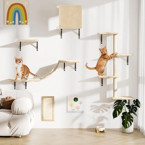 Mur d'escalade pour chat - 5 pièces - Mur mural pour chat d'appartement, avec maison pour chat, pont pour chat, colonne à gratter et griffoir - Peu encombrant - Beige (1/5)
