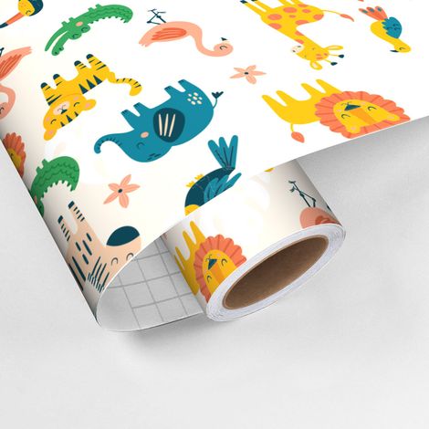 Rouleau revêtement adhésif vinyle au mètre - Sticker lavable Cuisine Meuble Armoire Porte - ANIMAUX MULTICOLORES - 60x100cm