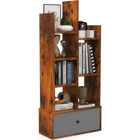 GOPLUS Bibliothèque avec Tiroir Amovible et 7 étagères de Rangement, Dispositif Anti-Bascule, Design en Forme d'arbre, pour Salon, Chambre, étude, Bureau, Style Industriel, 53 x 24 x 118 CM, Brun (1/5)