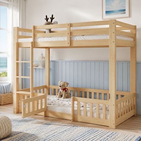 Cama alta infantil 90x200 cm de pino natural con zona de juego, sin colchón - CHICFURN (1/5)