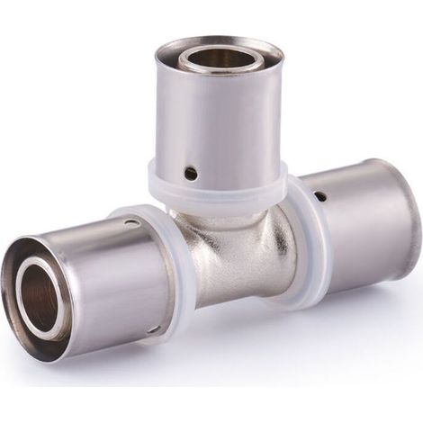 Raccord multicouche à sertir té égal Ø20 – Laiton et aluminium – Double joint torique pour étanchéité – Compatible tubes multicouche