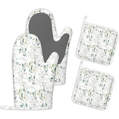 Gants de Cuisine en Silicone Feuilles Eucalyptus Lot de 4 Gants de Four et Maniques Résistants à la Chaleur et Antidérapants pour la Cuisine la Pâtisserie et Le Barbecue Décoration de Cuisine (1/5)