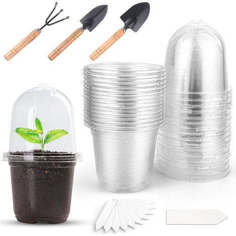12 Planting Pot with Lid, with 5 Tags 3 Gardening Tools 15 x 9 cm Transparent Nursery Pots with 9 Drainage Holes for Seedlings and Succulents (1/5)