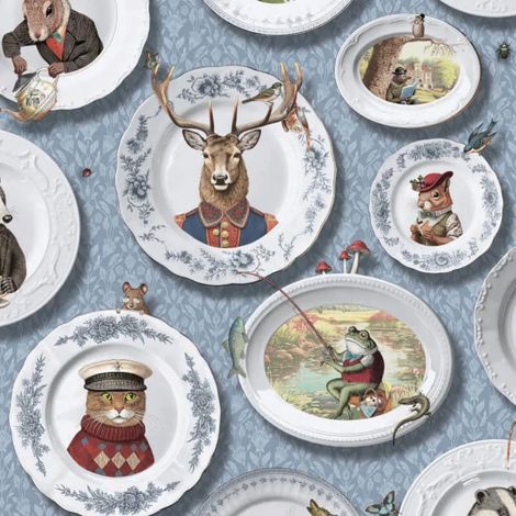 Holden Vintage Tea Party Blue Wallpaper Animals Plates Paste The Paper (1/4)