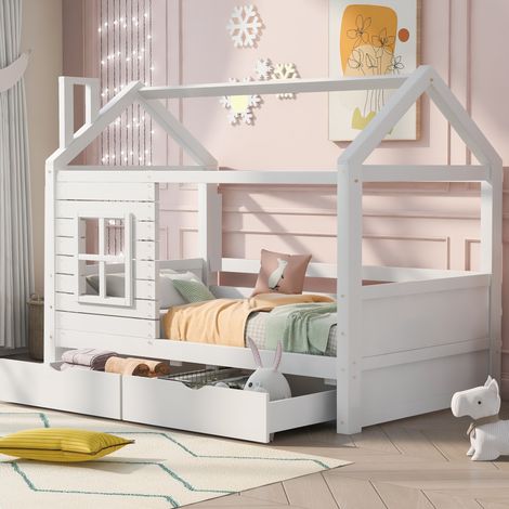 MEUBLIV Lit cabane enfant 90 x 200 en pin boisblanc avec fenêtres tiroirs de rangement et sommier à lattes