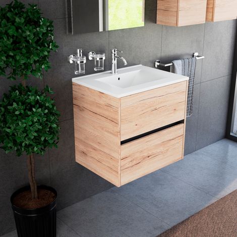 Inda - Badezimmerschrank 60 cm breiter Diamante Sanremo Eichen-mit 2 Schubladen und Keramikwaschbecken (1/4)