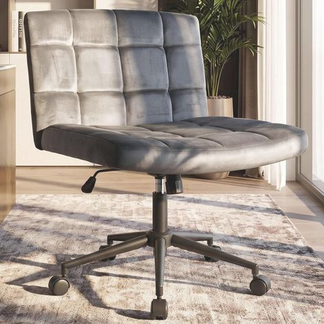Bürostuhl Samt ohne Armlehnen, höhenverstellbarer Drehstuhl mit Rollen, 360° drehbar, breiter gepolsterter Sitz, Schreibtischstuhl für Schlafzimmer, Schminktisch und Arbeitszimmer, Gris (1/5)