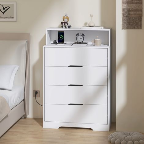 Kommode mit 4 Schubladen, Ladestation, USB-Anschluss, USB-C-Anschluss und offenem Fach, 80 x 40 x 120 cm, Weiß