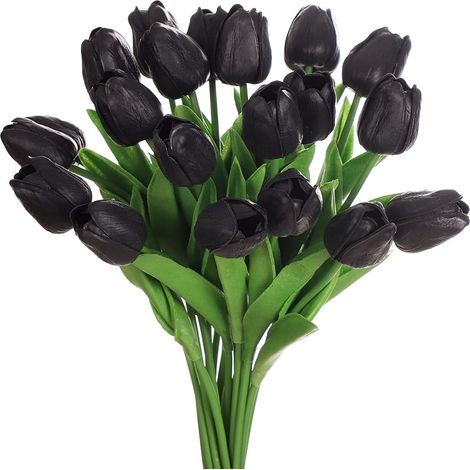 Bouquet de 24 tulipes artificielles en latex noir, effet réaliste, idéal pour composer soi-même des bouquets, décorer une table de mariage ou un bureau. Couleur : noir. (1/5)