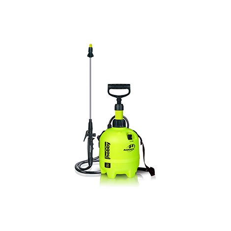 Pulverizador a presión Marolex, modelo Hobby5, con capacidad de 5 litros para una presión de 4 bares. Altura 415 mm. Manguera de lanza