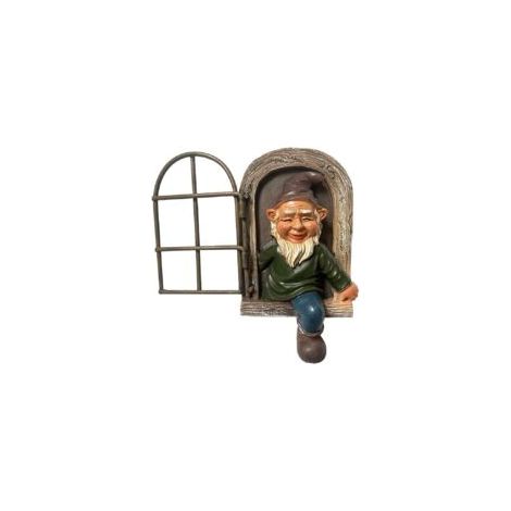 Gnomo da giardino in poliresina, Elfo che esce dalla porta, abbraccia l'albero, Whims-Crezuo