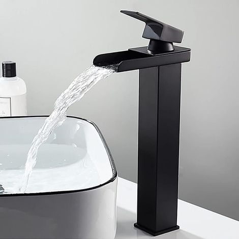 Mitigeur lavabo rectangulaire noir mat, robinet cascade réglable eau chaude/froide. Acier inoxydable anti-oxydation sans plomb, pour basin de comptoir ou lavabo main.