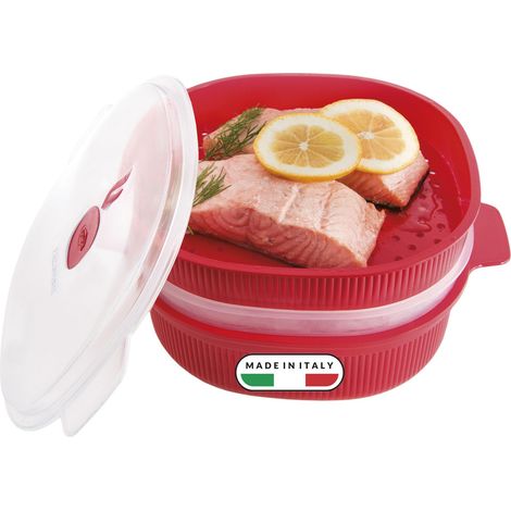 Cuiseur Vapeur Micro-Ondes 4 L, Cuit Vapeur avec 2 Plateaux, Boîte Alimentaire Micro-Ondes pour Légumes, Poisson et Viande, Rouge, Passe au Lave-Vaisselle, 26.5x22x13.5 (1/5)