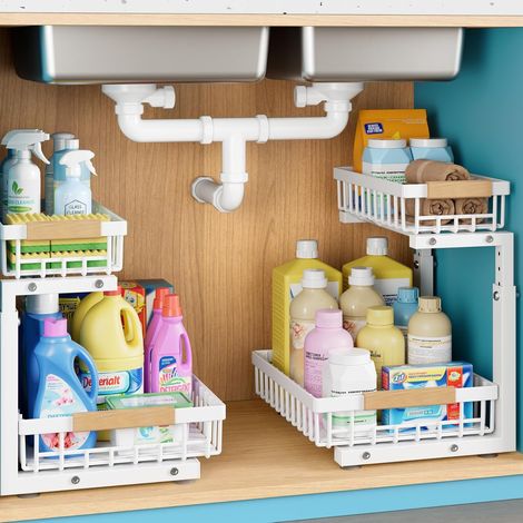 Lot de 2 organisateurs de rangement sous évier en métal Version 3.0 améliorée Rangement coulissant multifonction cuisine/salle de bain (blanc)