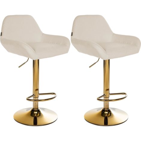 Juego de 2 taburetes de bar con reposapiés en forma de arco en metal dorado, asiento de tela color crema TDB10792
