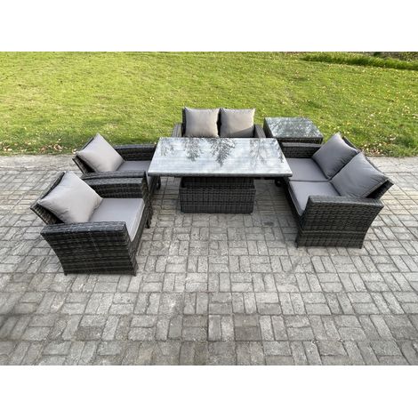 Fimous Rattan Garden Furniture Sets 6 Seater Patio Outdoor Rising Lifting Table Sofa Set with Double Seat Sofa Side Table Dark Grey Mixed (1/5)