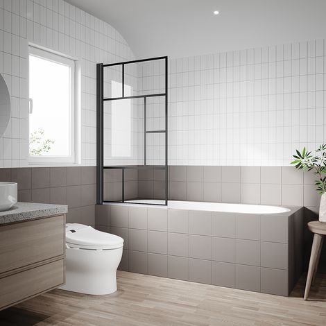 SONNI Badewannenaufsatz faltbar Schwarz Badewannenfaltwand NANO Glas ESG 6mm Duschabtrennung für Badewannen 80x140cm (1/5)