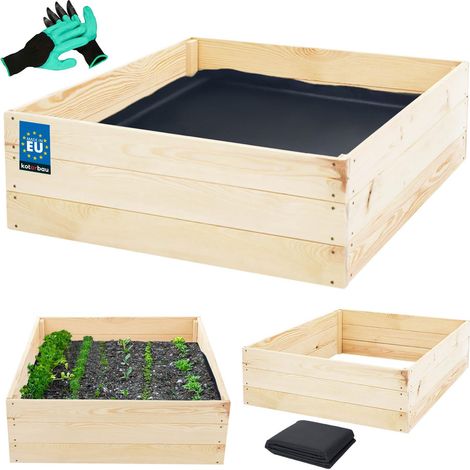 KOTARBAU® Carré Potager - Bois de Pin - 120 x 120 x 27 cm - Naturel - Bac Potager - Jardiniere Surelevee Exterieur - avec Vlies et Gants à Griffes