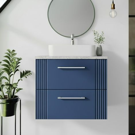 Nuie Deco Wall Hung 2-Drawer Vanity Unit with Bellato Grey Worktop 600mm Wide - Satin Blue (1/5)