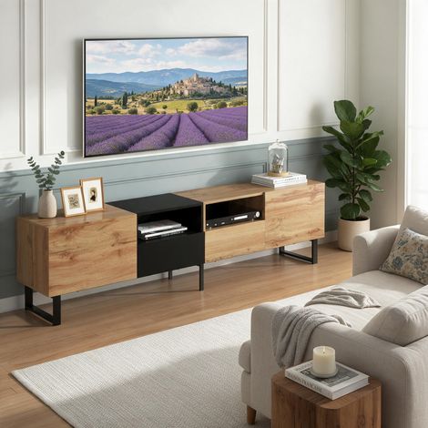 JOOKGBD-Meuble TV Moderne,Décor Imitation Bois et Noir, 2 Portes et 2 Tiroirs avec Cloison Modulable, Glissières Fluides, Finition Chant PVC, Meuble de Rangement Robuste pour Téléviseur dans Salon (1/5)
