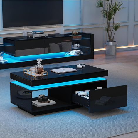 Merax Table basse moderne de salon, noire, brillante, avec éclairage LED 16 couleurs, table d'appoint avec espace de rangement, 1 tiroir et compartiment de rangement ouvert, 100 x 50 x 40,3 cm (1/5)
