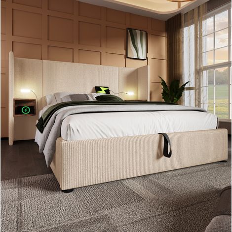 Letto matrimoniale in velluto a coste beige-bianco 160x200 cm con contenitore, testiera con mensola, luce LED, USB-C e materasso (1/5)