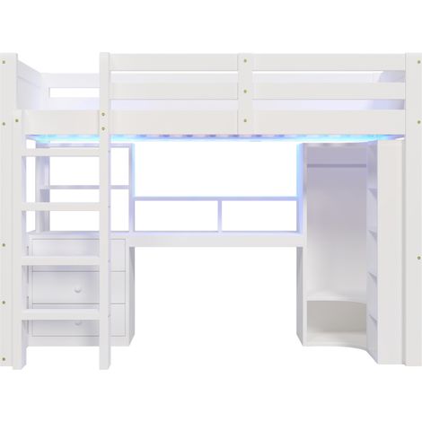 Cama alta 90 x 200 cm con LED, escritorio, armario y almacenaje, blanca, sin colchón (1/5)