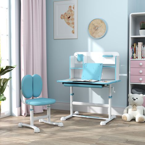 Set Scrivania e Sedia per Bambini 3-12 Anni Regolabili in Altezza, Banco Scuola con Piano Inclinabile 45°, Cassetto, Scaffale, Portapenne e Leggio, in Acciaio e MDF, Blu (1/5)