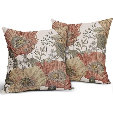 EternaNest Vintage Flower 18x18 Coussin décoratif en lin à motif floral botanique marron rouille, housse de coussin de style champêtre pour canapé (1/4)