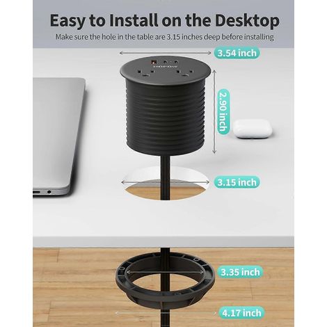 Passe-câbles de bureau, multiprise encastrée double face, 4 prises de courant, 3 ports USB (2 ports USB-C) (1/4)