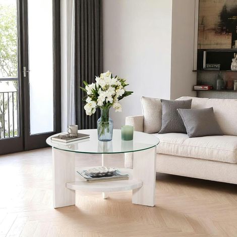 Table basse blanche ronde - verre et bois, 2 plateaux ANZIO (1/4)