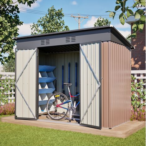 Casetta da giardino in metallo 242x126x182 cm con base, porte con serratura e ventilazione - marrone (1/5)
