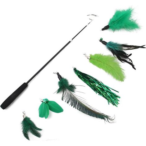 Canne à pêche pour chat avec clochette et plumes, jouet interactif avec 7 embouts de rechange, jouet d'occupation