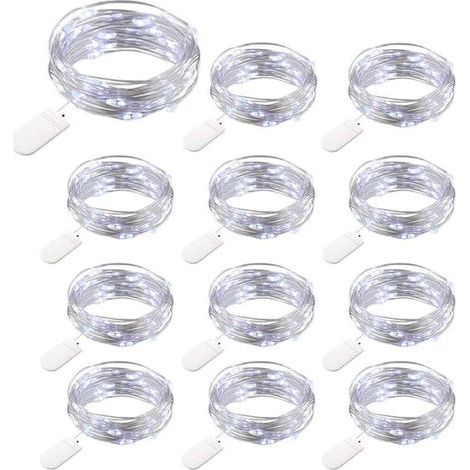 Ulisem 12er-Pack batteriebetriebene Lichterkette, 20 LEDs, 2 m Kupferkabel, IP65 wasserdicht, silberfarben, kaltweißes Kabel, stimmungsvolle Beleuchtung für Weihnachten, Partys, Hochzeiten, Garten, Te (1/4)