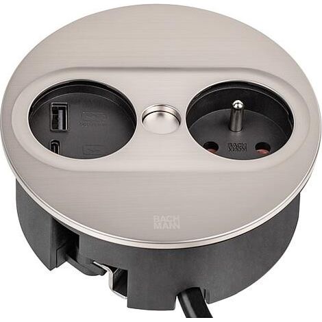 Bachmann TWIST 2 prise de table, 1x UTE, 1xUSB-A/-C Charger, acier inoxydable, ronde, France (1/3)