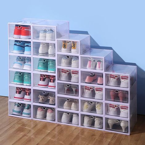 Ikodm – Lot de 12 boîtes à chaussures empilables en plastique transparent – Dimensions 33 x 23 x 14 cm – Jusqu'à la pointure 46 – Tiroir coulissant étanche à la poussière (1/5)