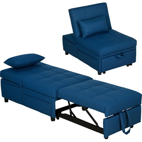 Fauteuil pliant 3 en 1 avec poche latérale, lit d'appoint avec oreiller, dossier réglable, fauteuil de lit à roulettes, bleu