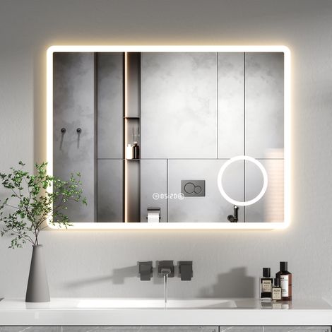 Miroir LED Intelligent avec Heure et Température 8060 cm Loupe Grossissante 3X Intégrée - Anti-buée - Miroir Salle de Bain LED 120 LEDs/m - Fonction Mémoire & Tactile - 3 Couleurs de Lumière - AquaWis
