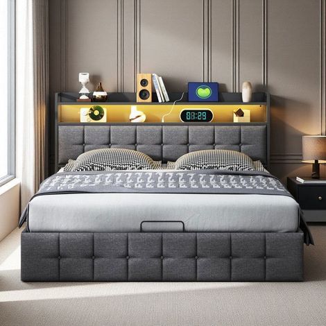 Doppelbett 140x200 - Stauraumtruhen - LED RGB - Beleuchtetes Kopfteil - Integrierter USB