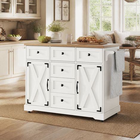 Isla de cocina 147/70/93 cm blanca plegable con amplio almacenaje y diseño moderno (1/5)