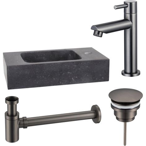 Fortifura Fuente Pack Lave-mains - 40x22x9cm - 1 trou de robinet - pierre naturelle - robinet gunmetal - Noir (1/2)