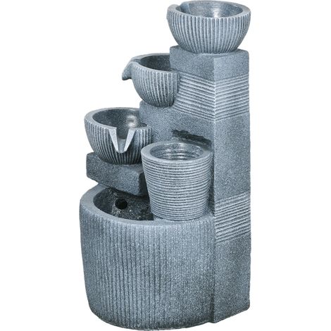 Natürlich wirkender Gartenbrunnen, 4-stufig, solarbetrieben, LED, 57 cm hoch, dunkelgrau
