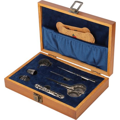 Ensemble de ciseaux à broder vintage, coffret de ciseaux de couture en bois et acier inoxydable, outils de couture et de broderie multifonctionnels, argentés. (1/5)