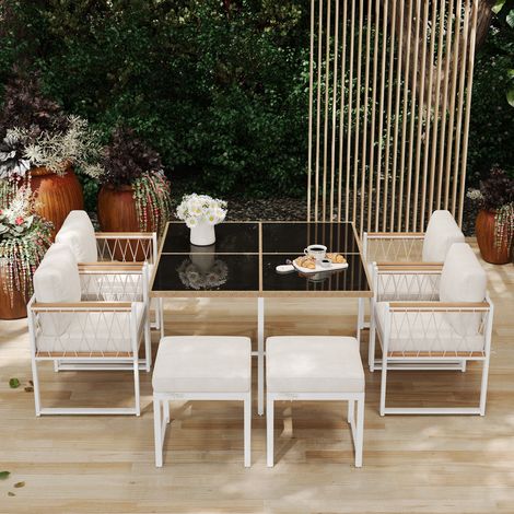 Salotto da giardino 7 pezzi con 4 sedie in rattan PE, piano in legno di acacia e tavolo in vetro temperato, bianco e naturale (1/5)