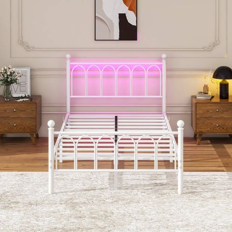 Lit 120x200 cm en métal blanc avec tête et pied de lit vintage, led et ports usb, cadre robuste avec rangement dessous, sans sommier (1/5)