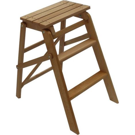 Escabeau en hêtre naturel 2 marches – Hauteur 62 cm – Largeur 42 cm – Surface antidérapante – Dépliage simple avec mécanisme de pression (1/4)