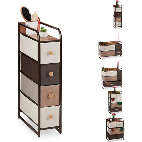 Relaxdays Commode à tiroirs, 4 à 7 compartiments, sur pied, pliable, pour chambre, 84,5 x 20 x 49,5 cm, marron, acier, polyester, MDF, E (1/5)
