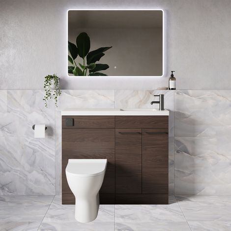 Napoli 250 Brown Oak 1000mm 2 Door Vanity Unit Toilet Suite with Round Silvo Basin - 1000mm - Gunmetal Grey 160mm HandleWith Jubilee Toilet Pan and Seat